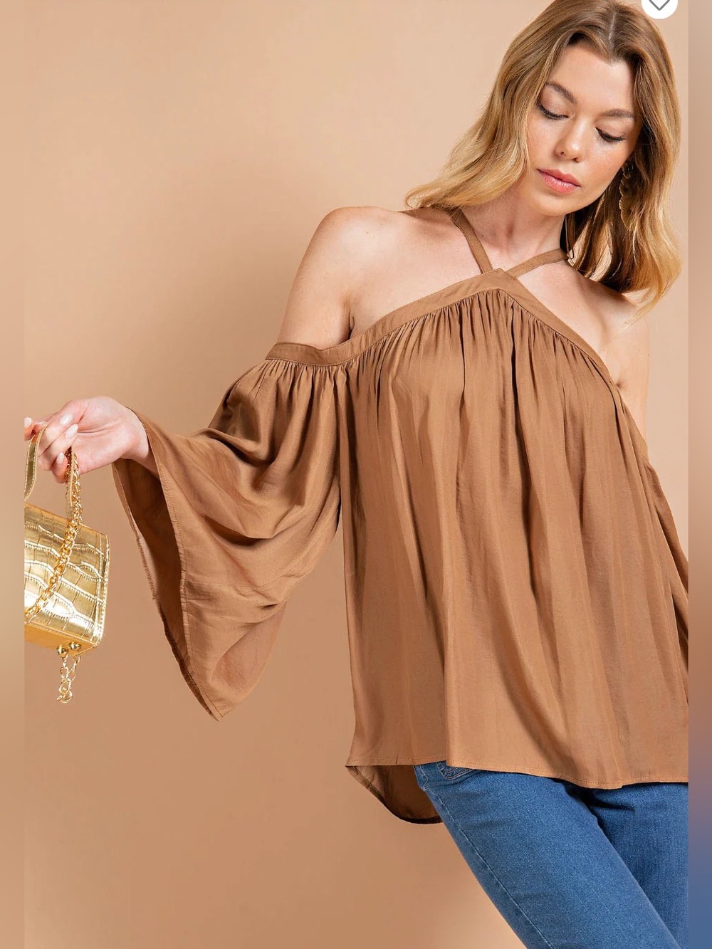 Kori Brown Off-Shoulder Crop Top with Spaghetti Straps